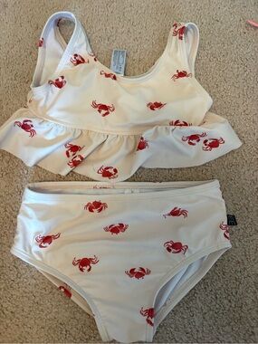 Kids Two-Piece Crab Print Swim Bikini - White with Red Crabs
